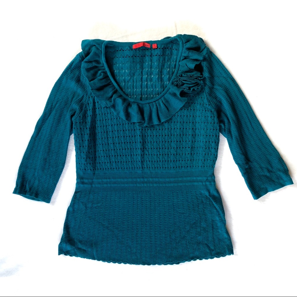 Teal Blue Ruffle Romantic Feminine Flower 3/4 Sleeve Open Weave Sweater